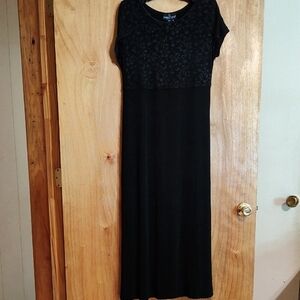 90s Vintage Carole Little Empire Waist Midi Dress Black Floral Stretchy Size 8